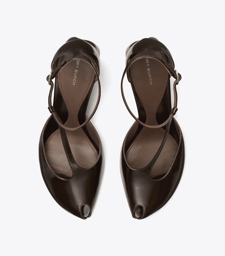 Tory Burch designer heels Peeptoe-Sandale mit T-Riemen und Absatz in DEEP BROWN angle