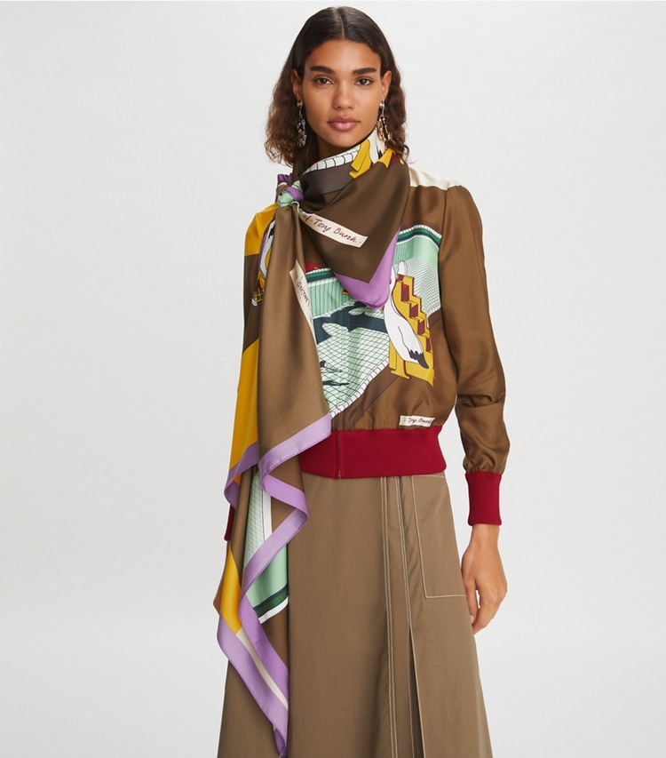 Tory Burch designer scarves Pelican Reef Silk Square Scarf  in Mint accessory on model