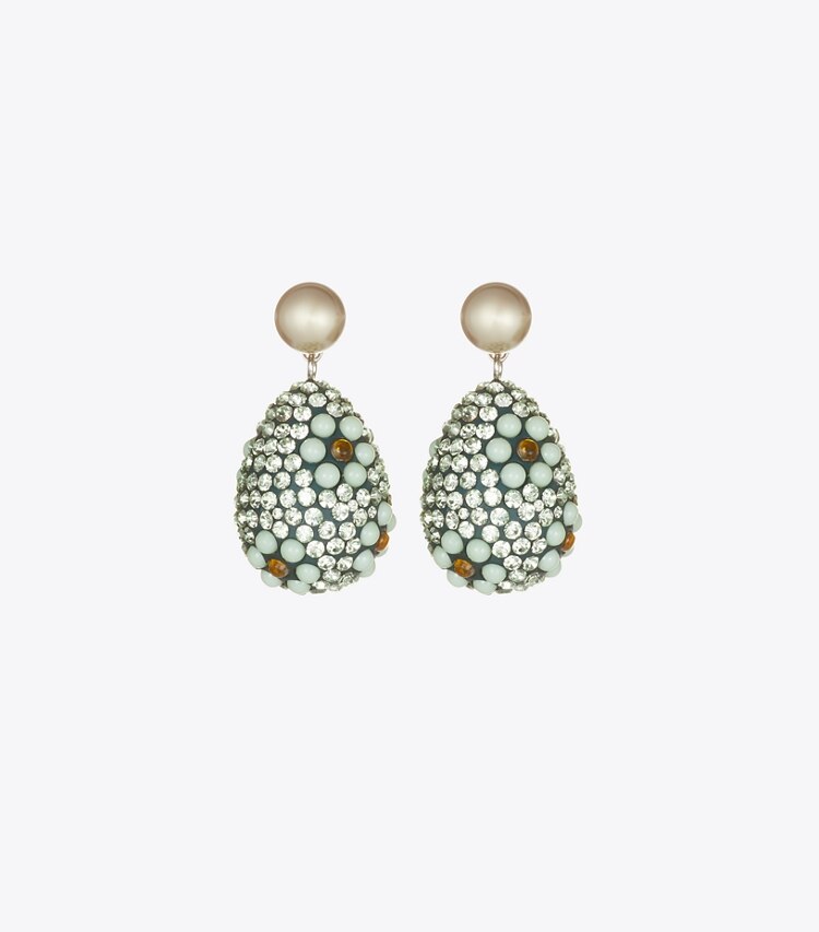 Tory Burch designer boucles d'oreilles Pendants Curiosity cristaux et perles in Tory Silver / Mint front