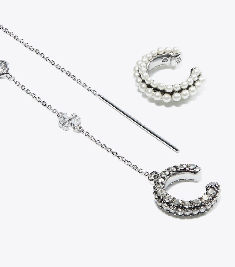 Tory Burch designer orecchini Pendente con perle e orecchino ear cuff in Tory Silver / Crystal / Pearl front