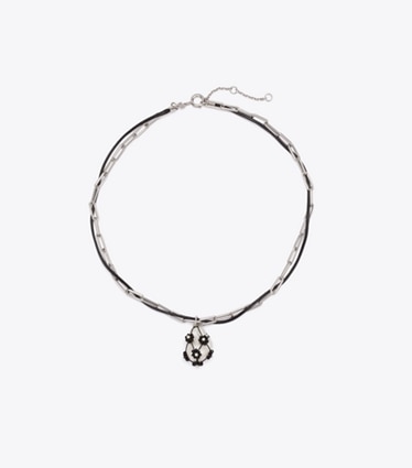 Tory Burch designer colliers Pendentif à double rangée de perles Curiosity dans Tory Silver / Black de face