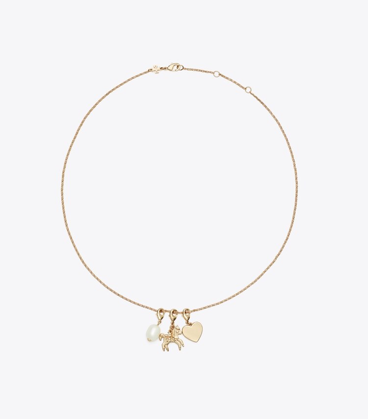 Tory Burch designer colliers Pendentif breloque Cheval Curiosity dans Tory Gold / Crystal / Pearl de face