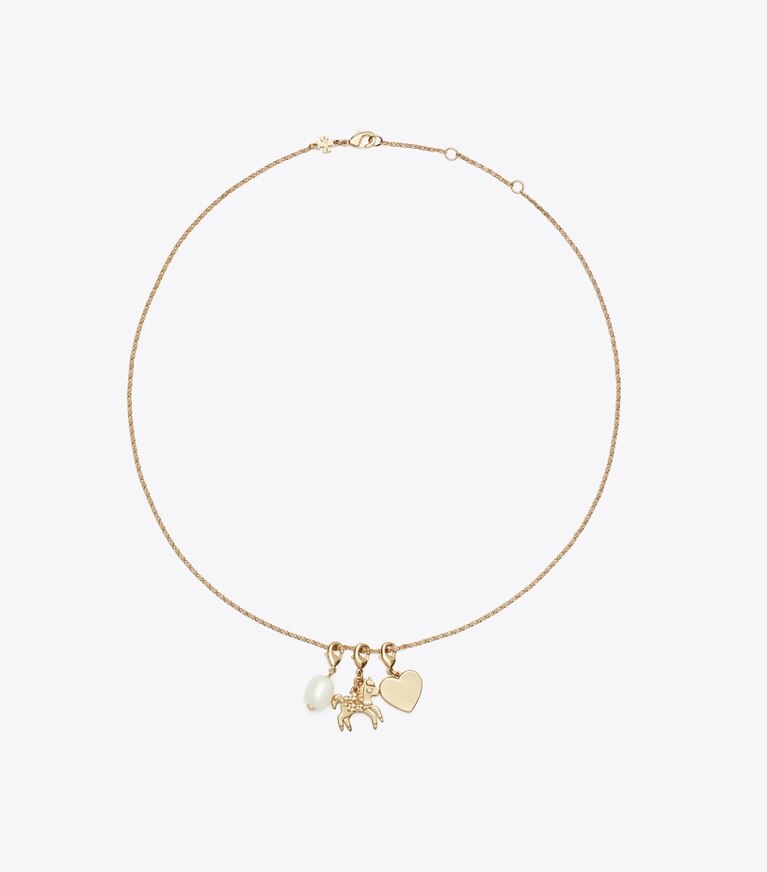 Tory Burch designer colliers Pendentif breloque Cheval Curiosity dans Tory Gold / Crystal / Pearl de face
