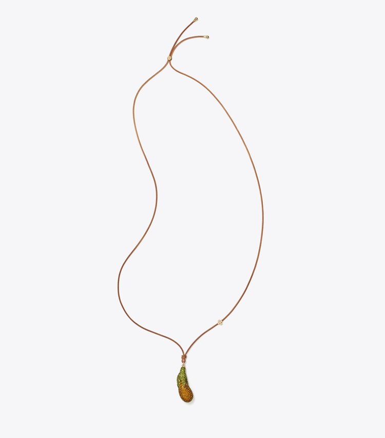 Tory Burch designer colliers Pendentif Curiosity Eggplant in Vachetta / Orange front