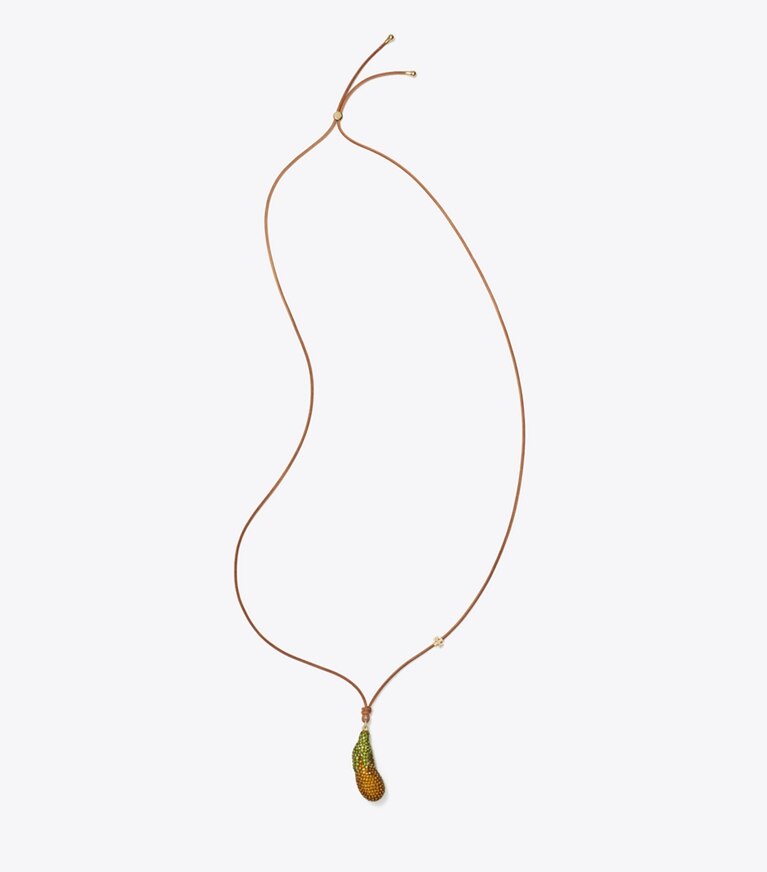 Tory Burch designer colliers Pendentif Curiosity Eggplant in Vachetta / Orange front