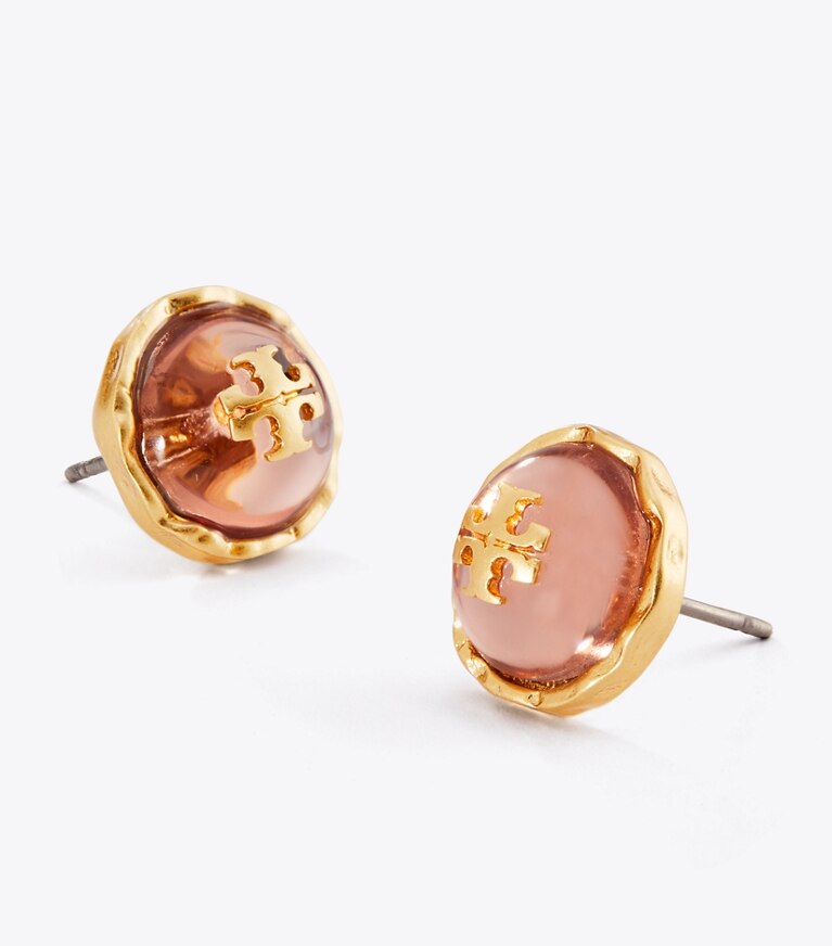 Tory Burch diseñador aretes Pendiente de botón circular Roxanne en Rolled Brass/Pale Papaya detalle