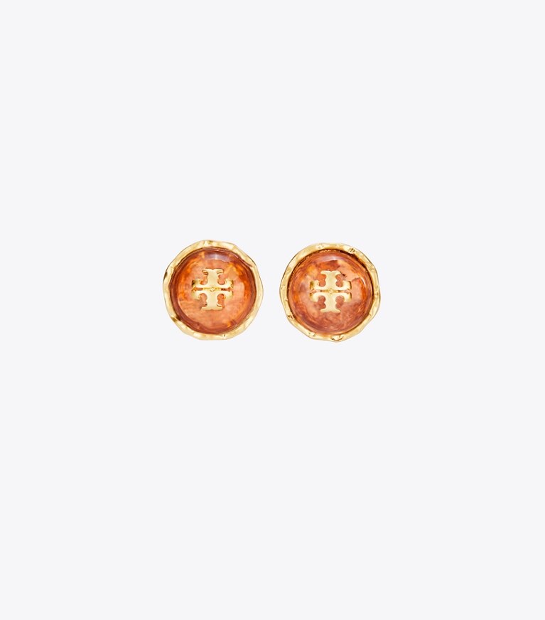 Tory Burch diseñador aretes Pendiente de botón circular Roxanne en Rolled Brass/Pale Papaya frontal