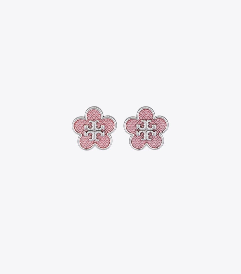 Tory Burch diseñador aretes Pendiente de botón con flor de esmalte Kira en Tory Silver / Pink frontal