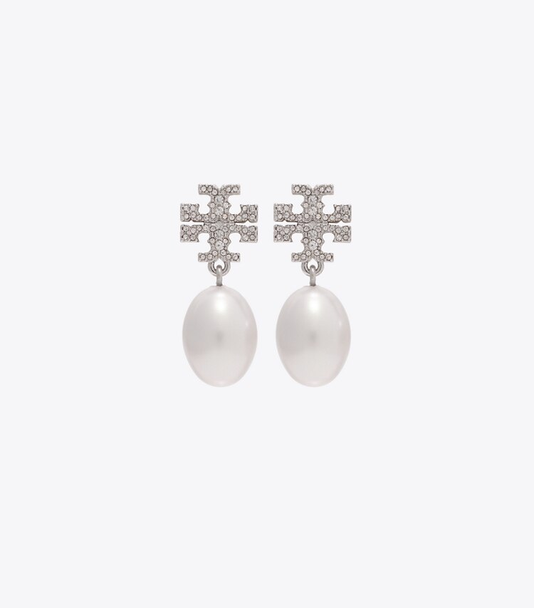 Tory Burch diseñador aretes Pendientes colgantes con perla y pavé Moondance en Tory Silver / Pearl frontal