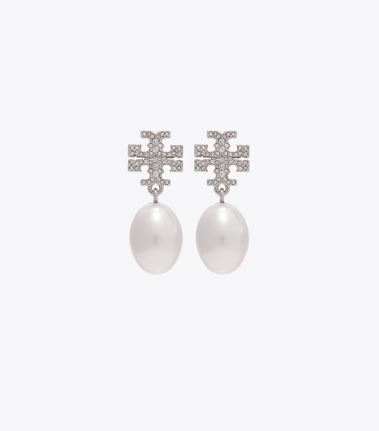 Tory Burch diseñador aretes Pendientes colgantes con perla y pavé Moondance en Tory Silver / Pearl frontal