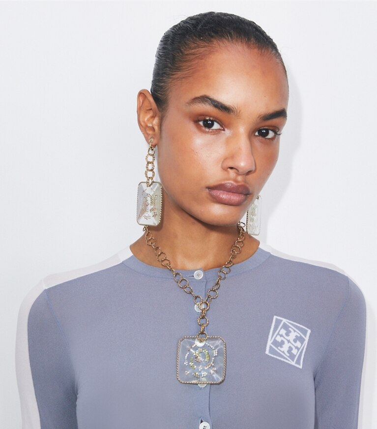 Tory Burch diseñador aretes Pendientes colgantes Runway Swirl en GOLD accesorio en modelo