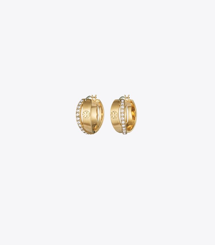 Tory Burch diseñador aretes Pendientes de aro doble con pavé Icon en Tory Gold / Crystal frente