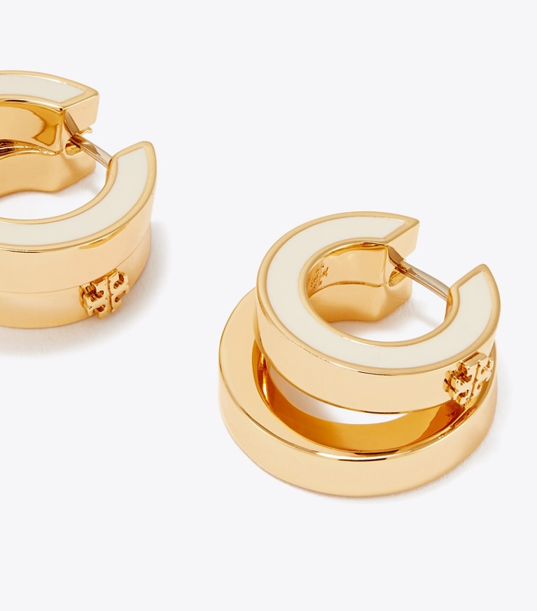 Tory Burch diseñador aretes Pendientes de aro dobles esmaltados Icon en Tory Gold / New Ivory detalle