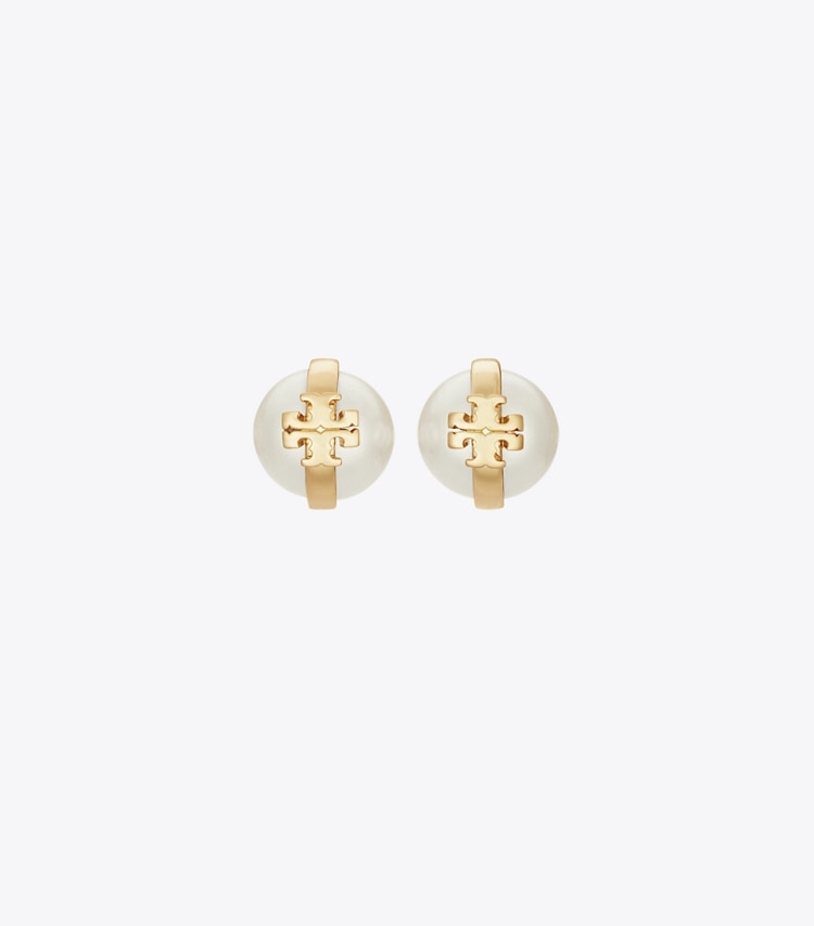Tory Burch diseñador aretes Pendientes de botón con perla Moondance en Light Brass / Pearl frontal
