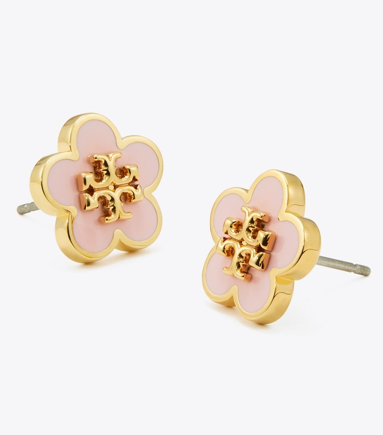 Tory Burch diseñador aretes Pendientes de botón de esmalte Forget Me Not en Tory Silver / Orchid Pink detalle