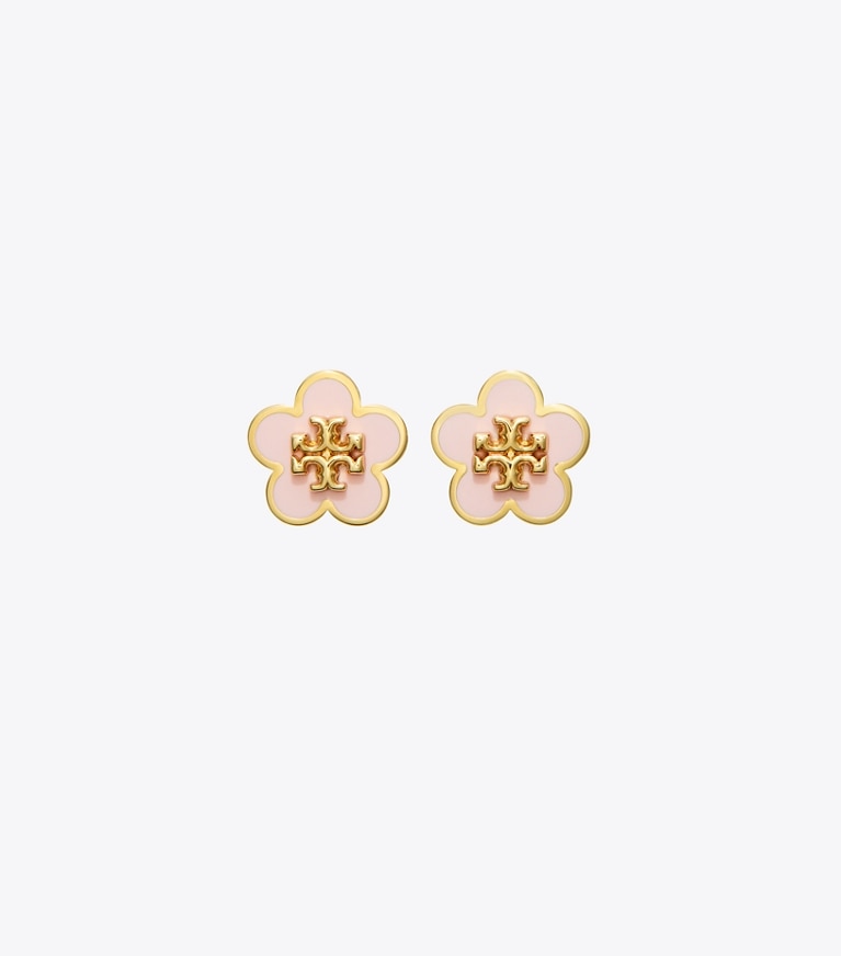 Tory Burch diseñador aretes Pendientes de botón de esmalte Forget Me Not en Tory Silver / Orchid Pink frontal