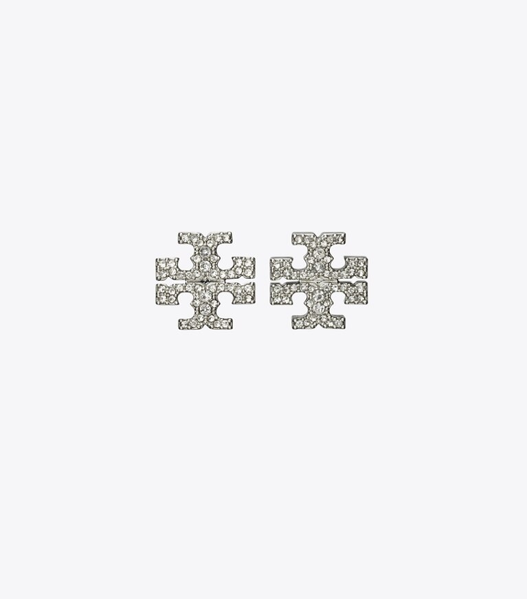 Tory Burch diseñador aretes Pendientes de botón Icon con pavé en Tory Silver / Crystal frontal