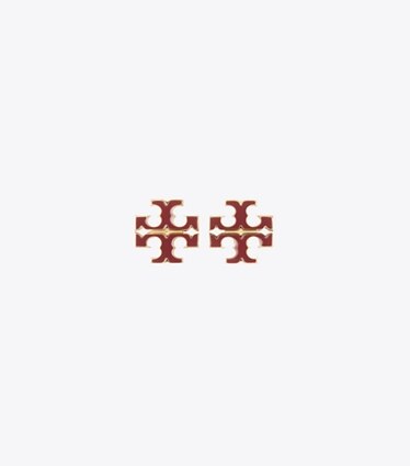 Tory Burch diseñador aretes Pendientes de botón pequeños con icono esmaltado en Tory Gold / Burgundy frontal