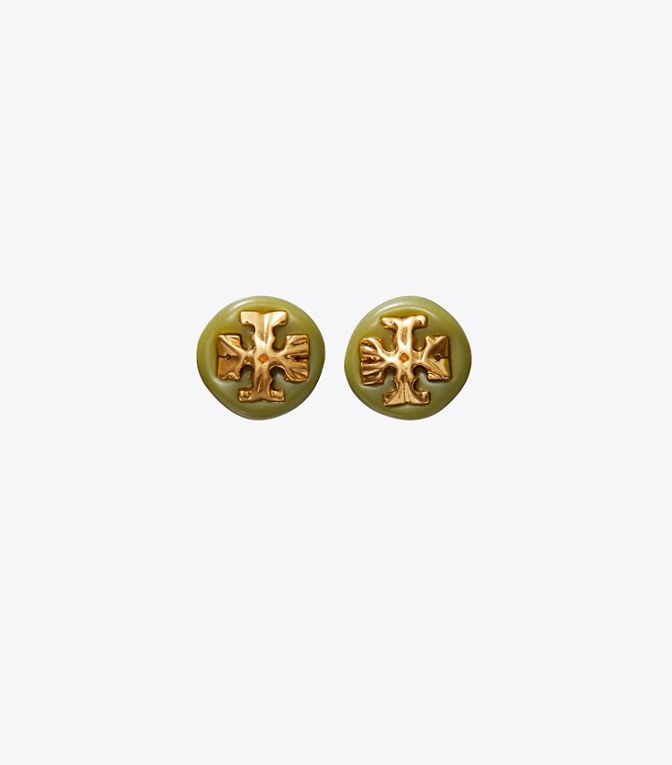 Tory Burch diseñador aretes Pendientes de botón Roxanne en Rolled Brass/Green Chartreuse frontal