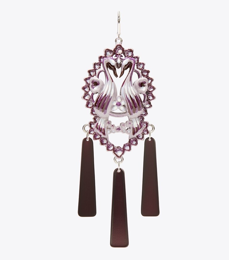 Tory Burch diseñador aretes Pendientes de pájaro en Tory Silver / Purple detalle