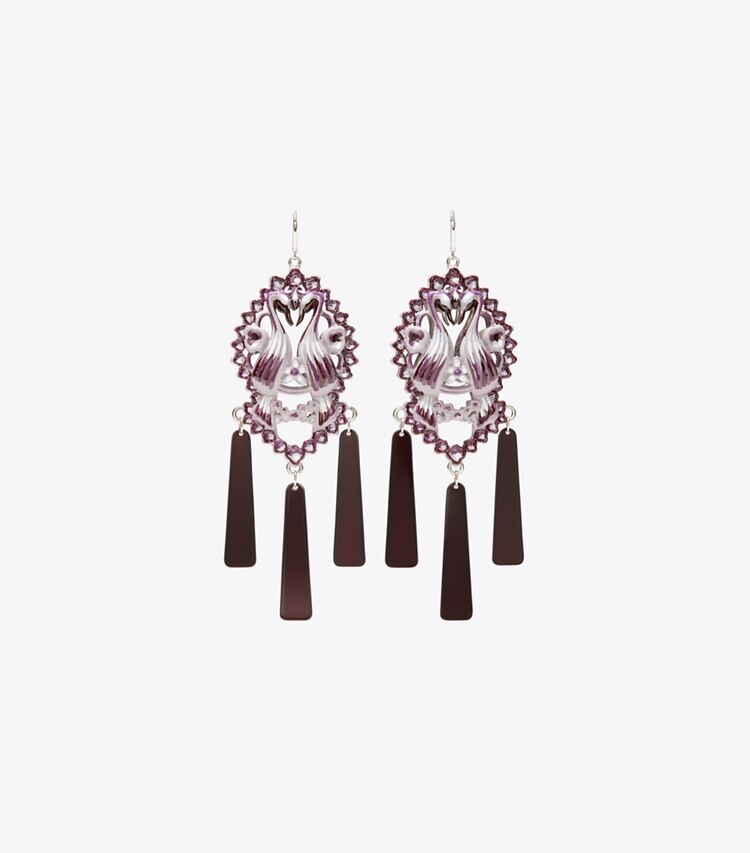 Tory Burch diseñador aretes Pendientes de pájaro en Tory Silver / Purple frente