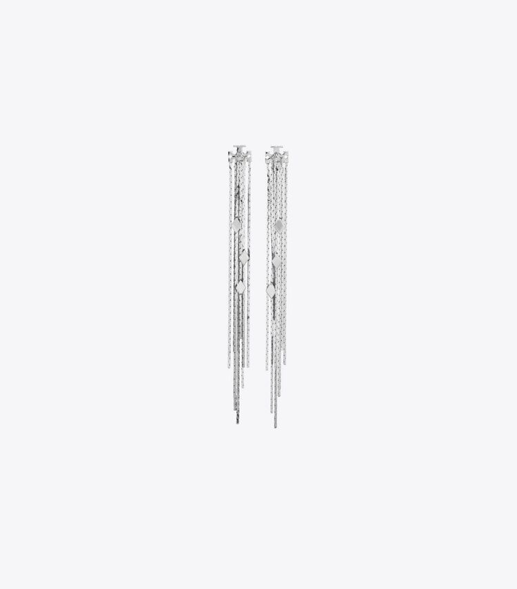 Tory Burch diseñador aretes Pendientes Runway con cadena delantera y trasera en Tory Silver / Crystal frente