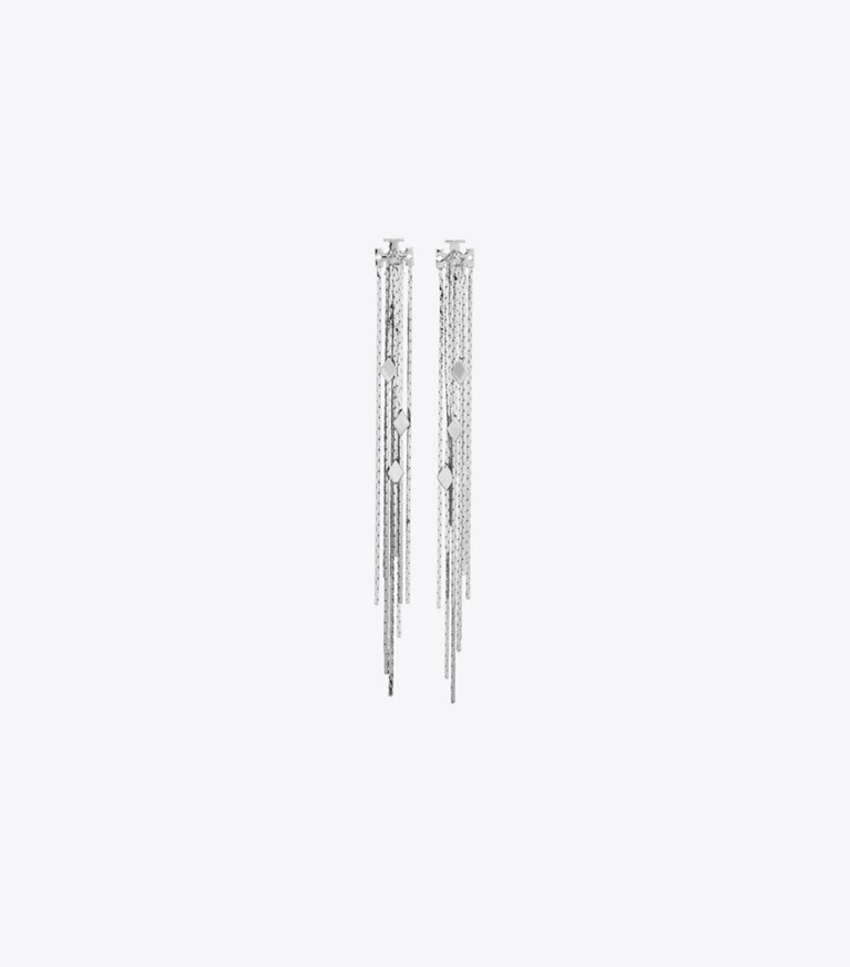 Tory Burch diseñador aretes Pendientes Runway con cadena delantera y trasera en Tory Silver / Crystal frente