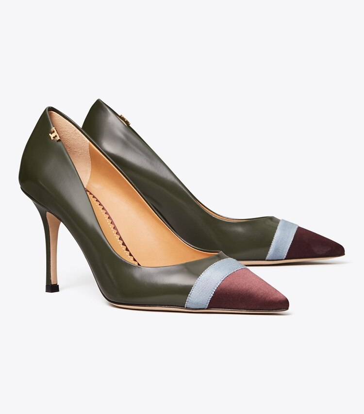 Tory Burch designer heels Penelope 85mm Cap-Toe Pump in Dark Hunter Green/Rainfall/Black Cherry angle