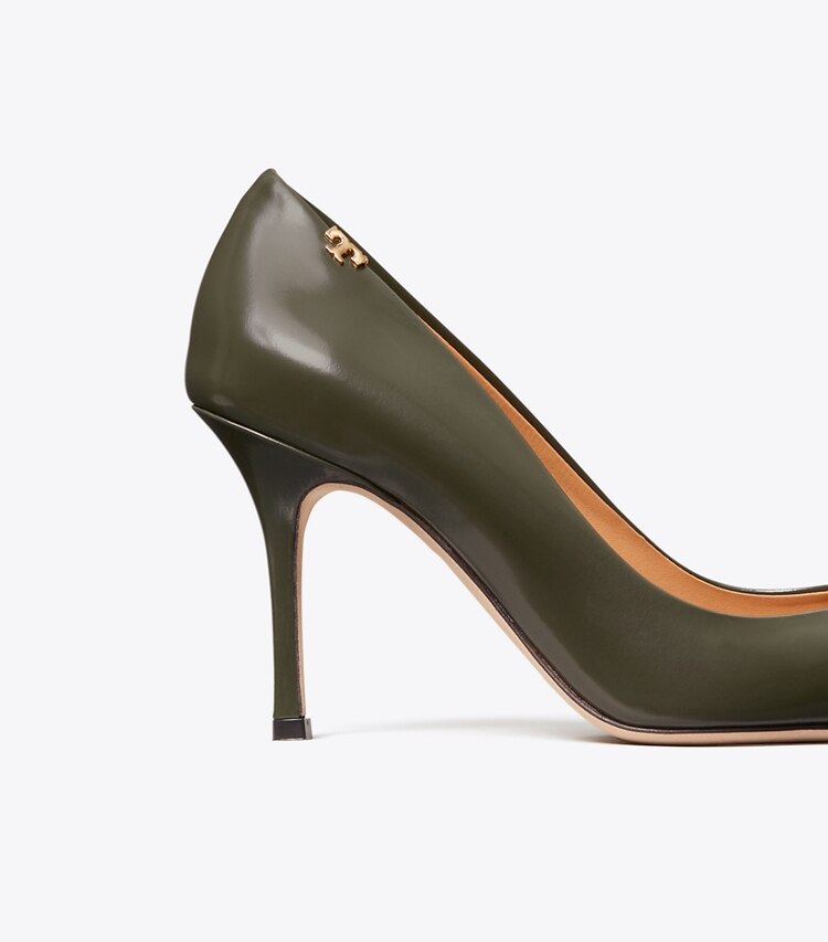 Tory Burch designer heels Penelope 85mm Cap-Toe Pump in Dark Hunter Green/Rainfall/Black Cherry detail