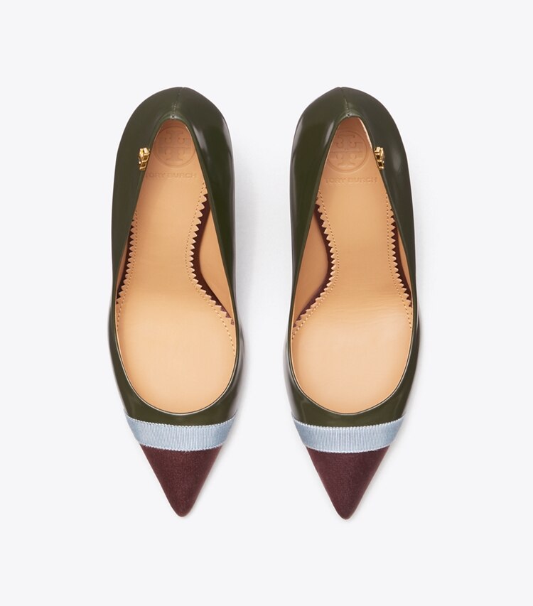 Tory Burch designer heels Penelope 85mm Cap-Toe Pump in Dark Hunter Green/Rainfall/Black Cherry overhead