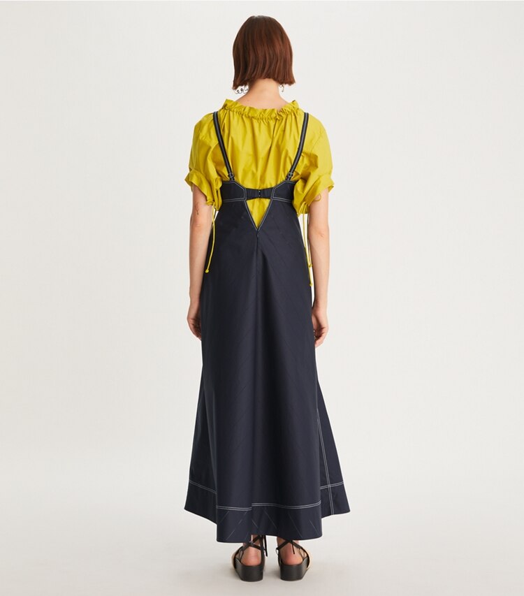 Tory Burch designer dresses Perforated Poplin Cut-Out Dress in Medium Navy on model back
