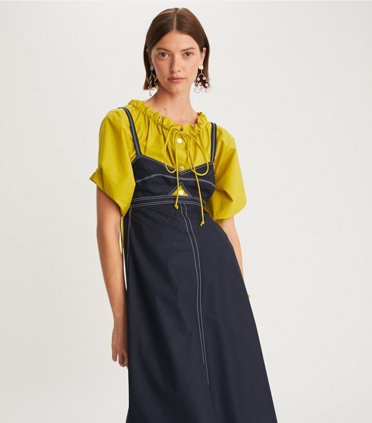 Tory Burch designer dresses Perforated Poplin Cut-Out Dress in Medium Navy front