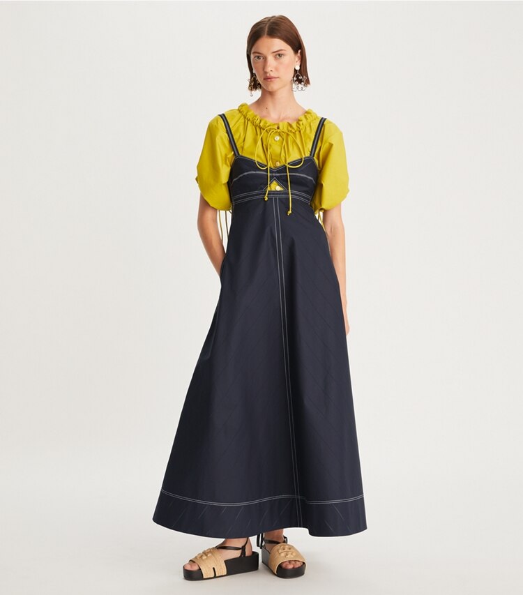 Tory Burch designer dresses Perforated Poplin Cut-Out Dress in Medium Navy on model front