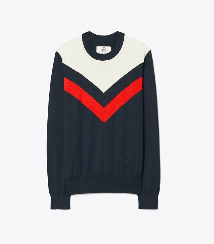 Tory Sport designer sweaters Performance Cashmere Chevron Sweater in Tory Navy/Snow White front