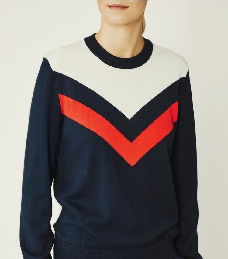 Tory Sport designer sweaters Performance Cashmere Chevron Sweater in Tory Navy/Snow White on model detail