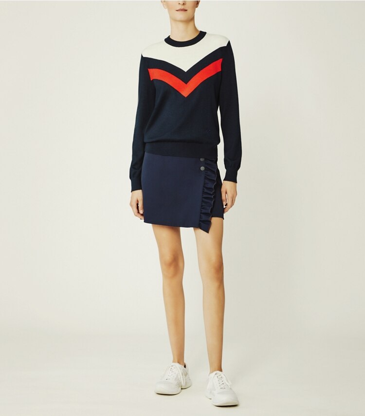 Tory Sport designer sweaters Performance Cashmere Chevron Sweater in Tory Navy/Snow White on model front
