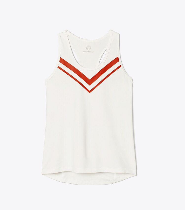 Tory Sport designer tops Performance Chevron Tank in Snow White/Varsity Orange front