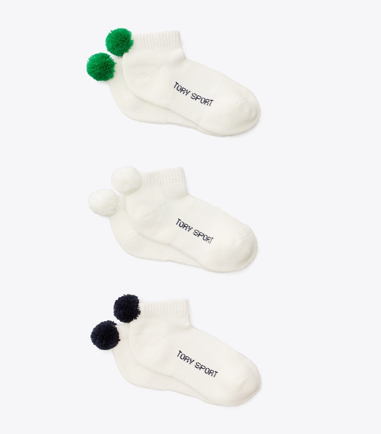 Tory Sport designer socks Performance Compression Pom-Pom Socks, 3-Pack in Snow White / Tory Navy / Vineyard front