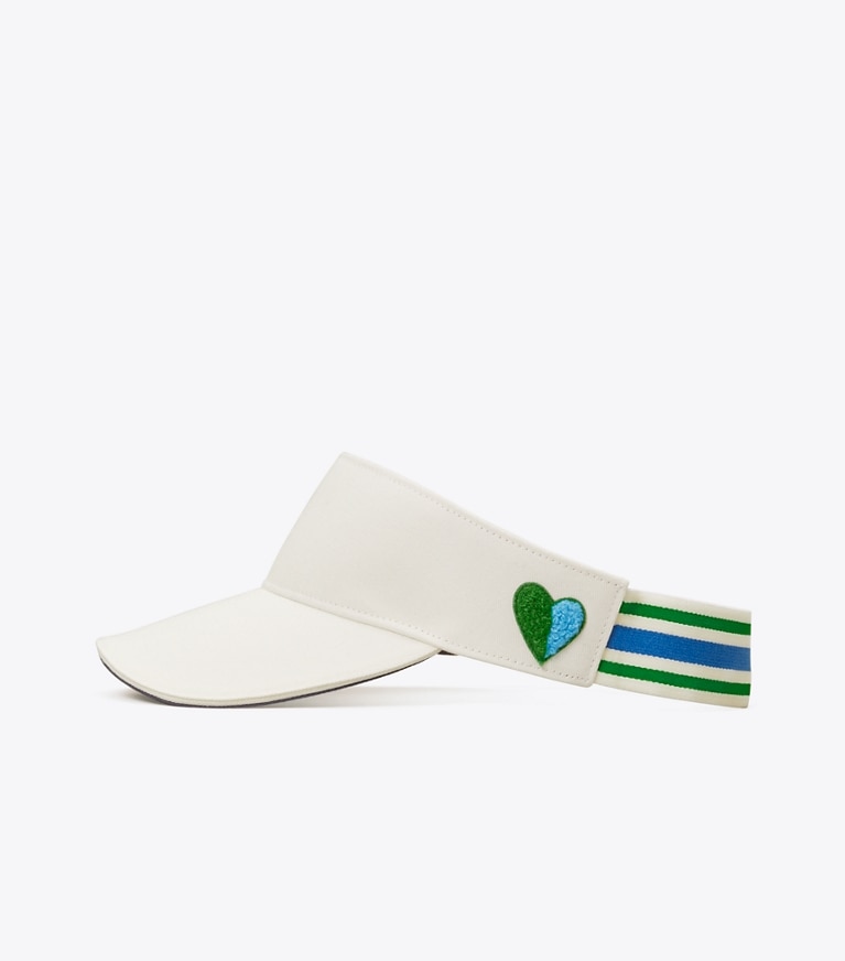Tory Sport designer hats Performance Heart Patch Visor in Snow White angle