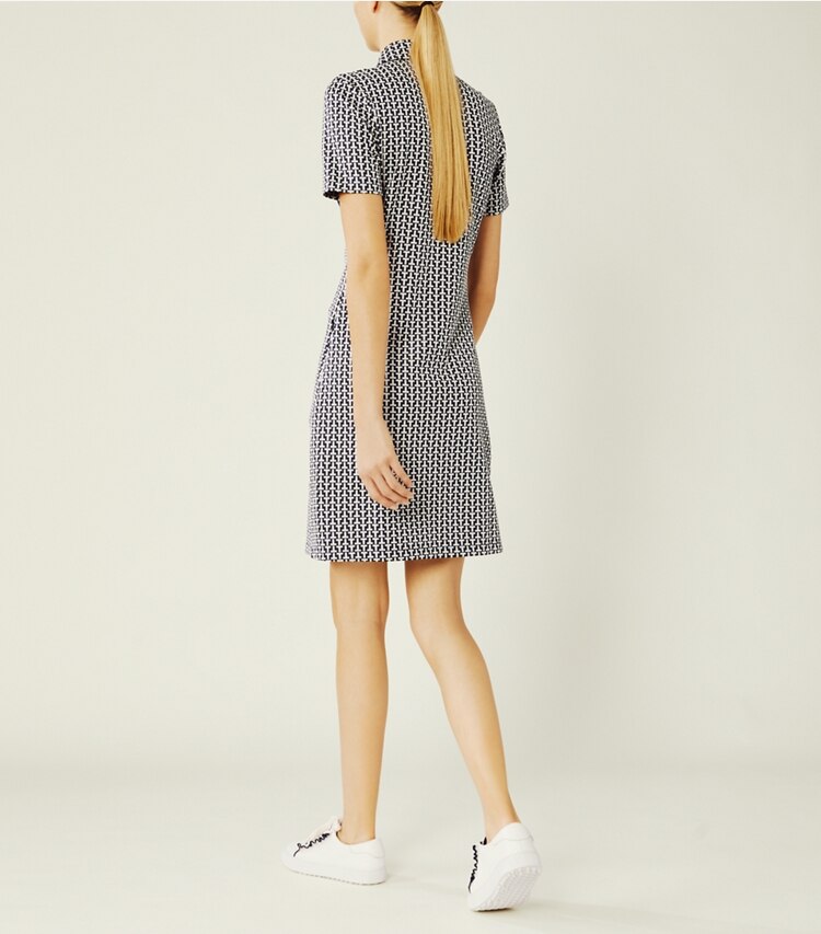 Tory Sport designer dresses Performance Jacquard Color-Block Dress in Tory Navy Two Way T on model back