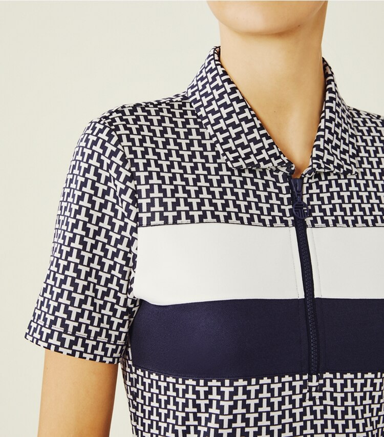 Tory Sport designer dresses Performance Jacquard Color-Block Dress in Tory Navy Two Way T on model detail