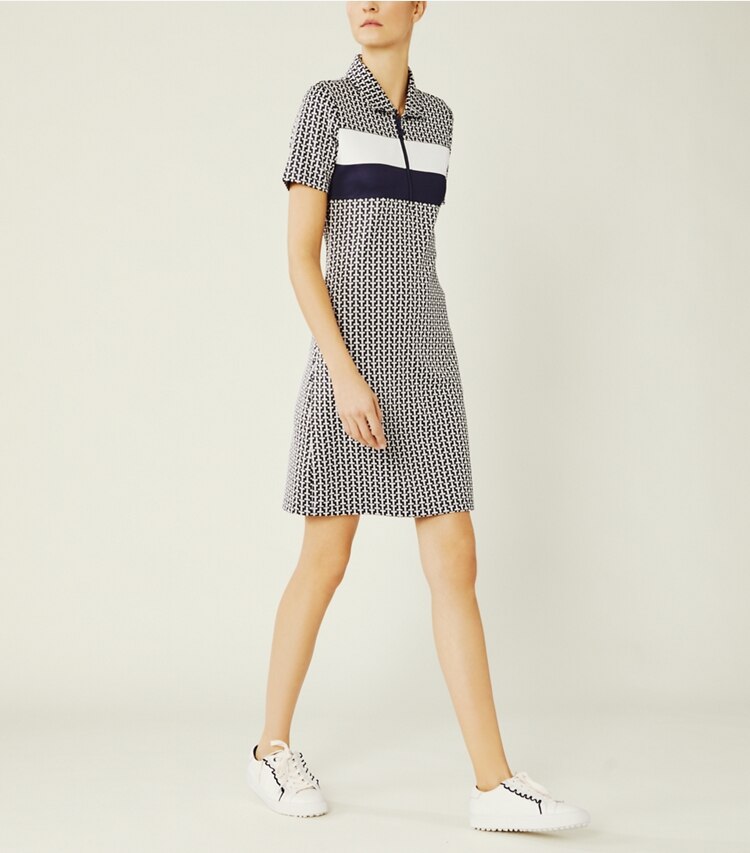 Tory Sport designer dresses Performance Jacquard Color-Block Dress in Tory Navy Two Way T on model front