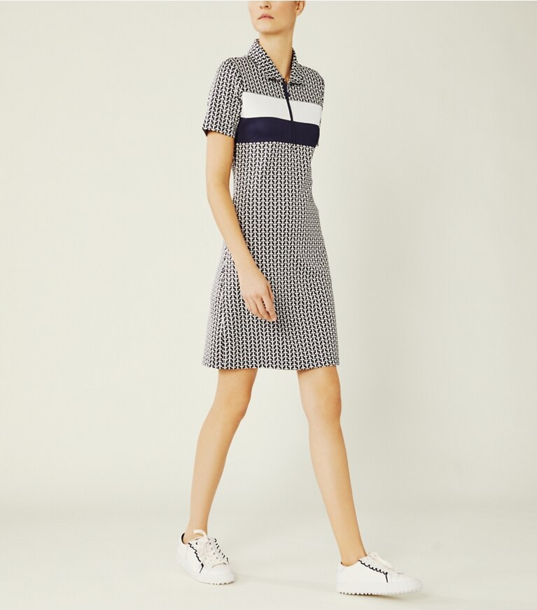 Tory Sport designer dresses Performance Jacquard Color-Block Dress in Tory Navy Two Way T front