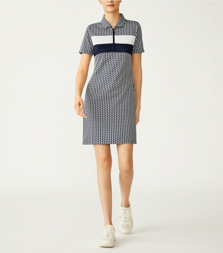 Tory Sport designer dresses Performance Jacquard Color-Block Dress in Tory Navy Two Way T on model front
