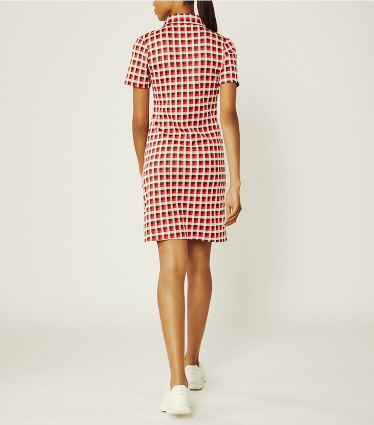 Tory Sport designer dresses Performance Jacquard Dress in Red Perfect Check on model back