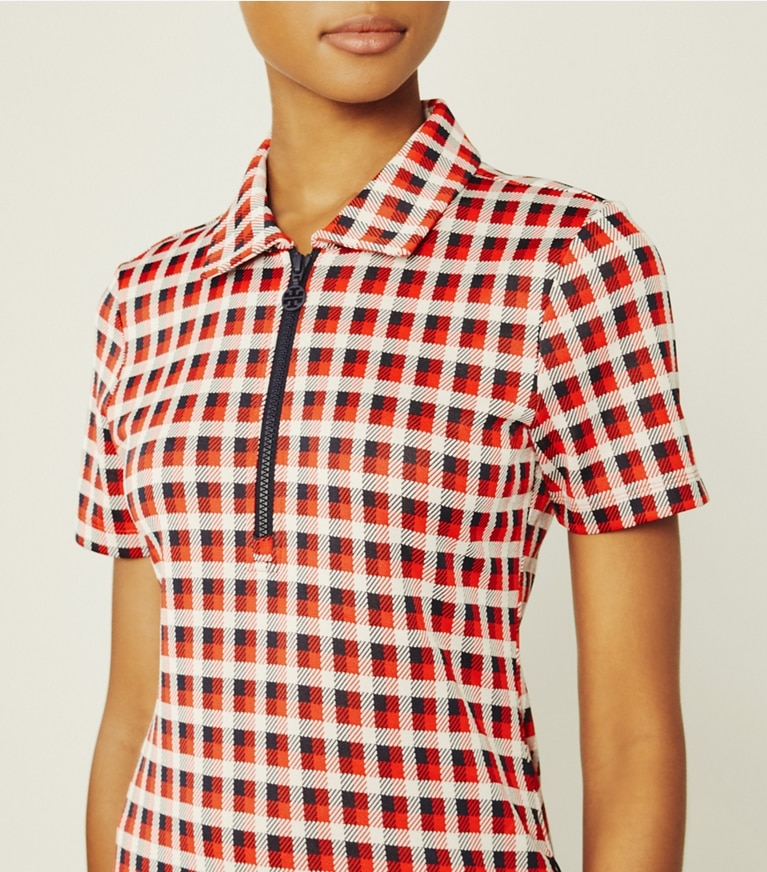 Tory Sport designer dresses Performance Jacquard Dress in Red Perfect Check front