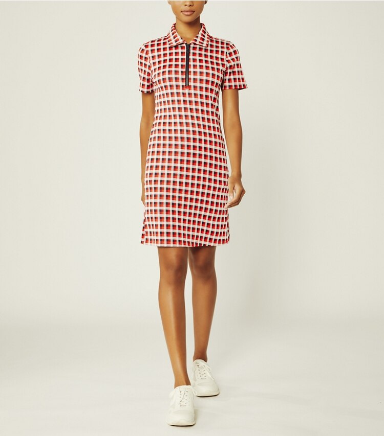 Tory Sport designer dresses Performance Jacquard Dress in Red Perfect Check on model front