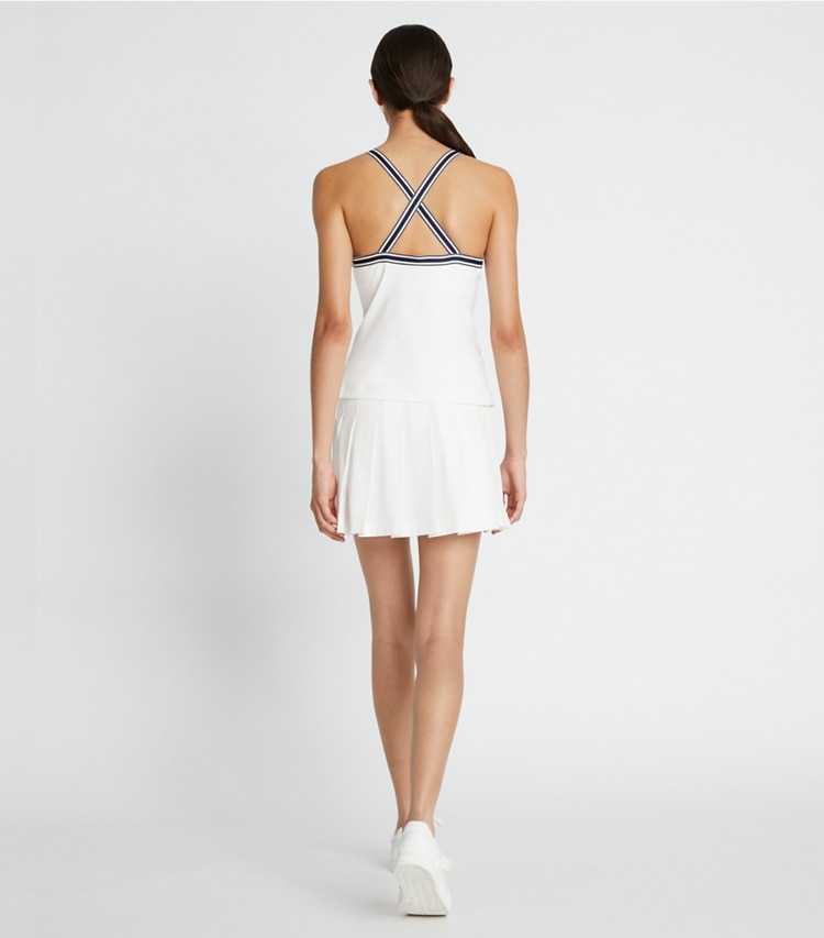 Tory Sport designer tops Performance Jersey Cross-Back Tennis Tank in Snow White on model back
