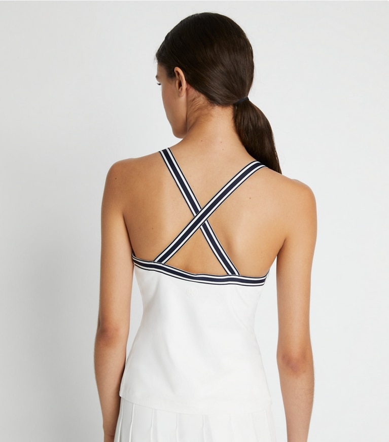 Tory Sport designer tops Performance Jersey Cross-Back Tennis Tank in Snow White front
