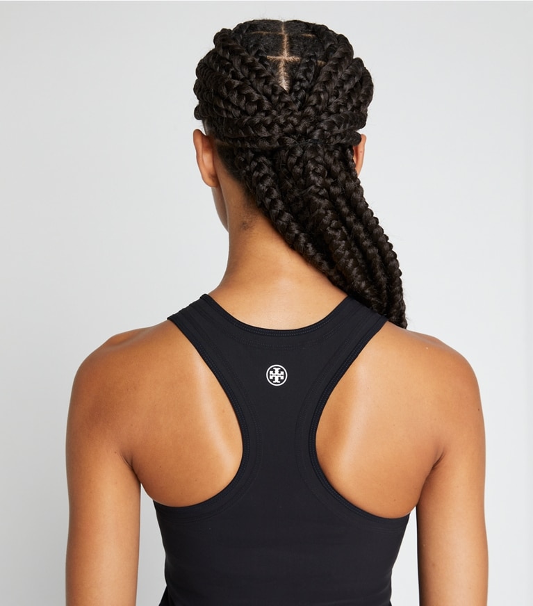 Tory Sport designer tops Performance Jersey Racerback Tennis Tank in Black front